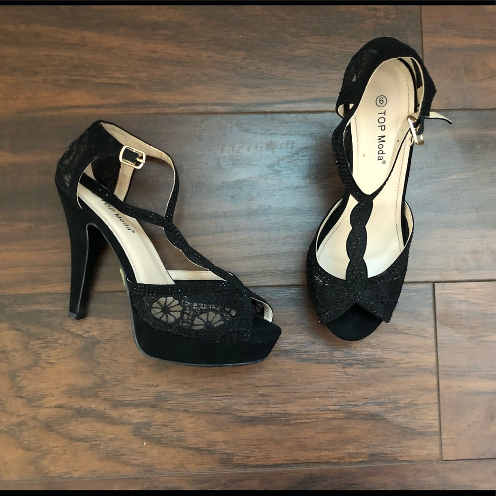 Top Moda black lace sequined platform heels